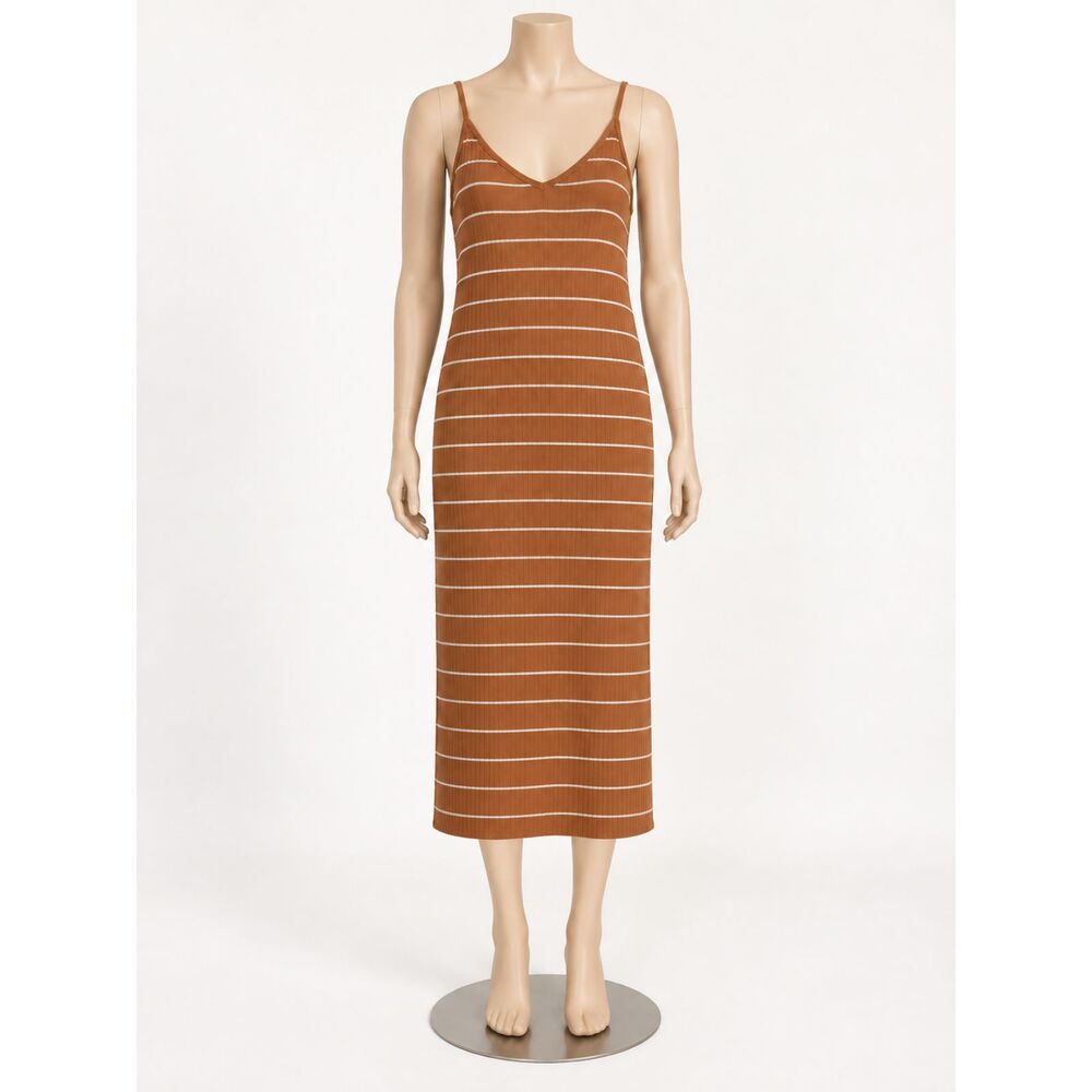 H&M Divided Women’s Ribbed Striped Maxi Dress Size L Brown White Side Slit